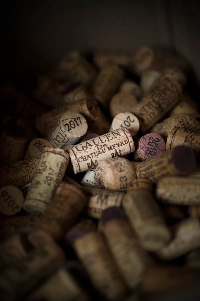 Bouchons de vin de plusieurs millésimes avec un bouchon Gallen de Château Meyre au centre.