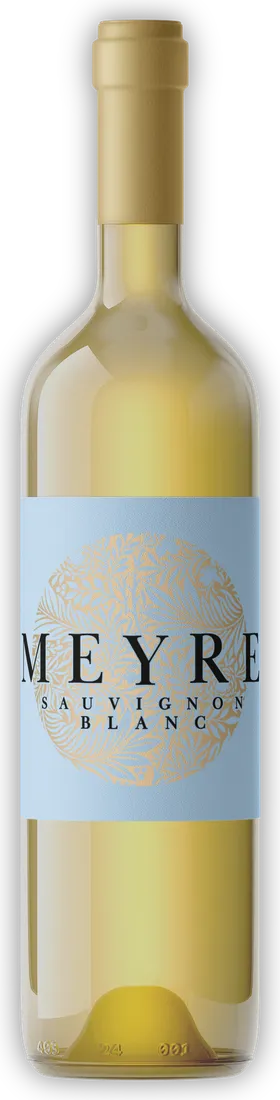 Bouteille de Meyre Sauvignon Blanc, vin blanc doré avec étiquette bleu pâle.