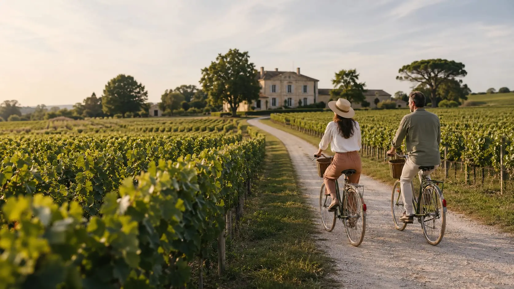 Couple à vélo sur un chemin entre les vignes, en direction d’une demeure.